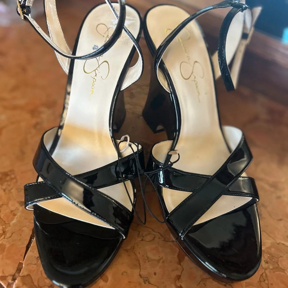 Jessica Simpson OJILLY Black Patent High Wedge Square Open Toe Sandal 9.5 NEW - Picture 3 of 5